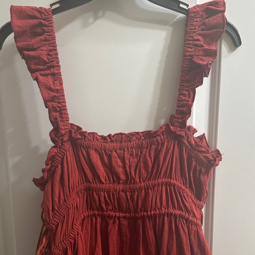Heyson Rust Ruffled Strap Mini Dress with Button detail & Tie Side - Picture 6 of 6